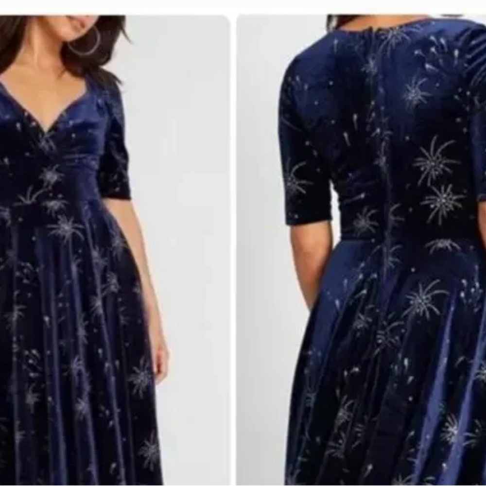 ModCloth & Collectif Blue Velvet Fireworks Print Midi Dress Retro XS/US 4